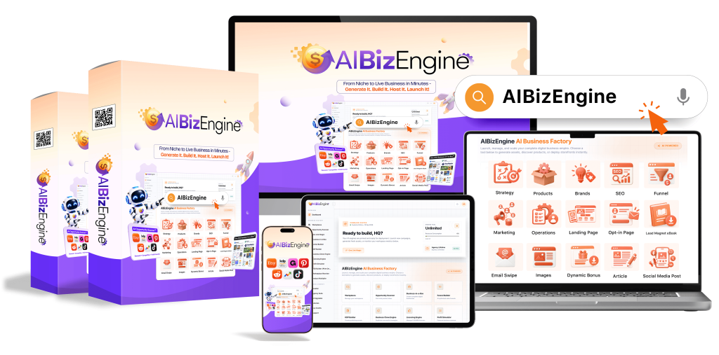 AIBizEngine AI business builder on laptop, tablet and phone