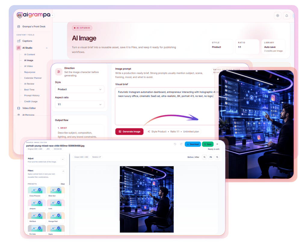 AIGrampa AI Studio generating Instagram images and videos