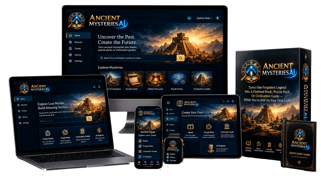 Ancient Mysteries AI on laptop, tablet and phone