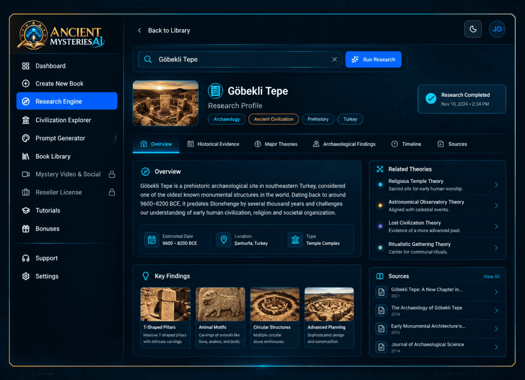 Ancient Mysteries AI research engine labelling facts, theories and legends
