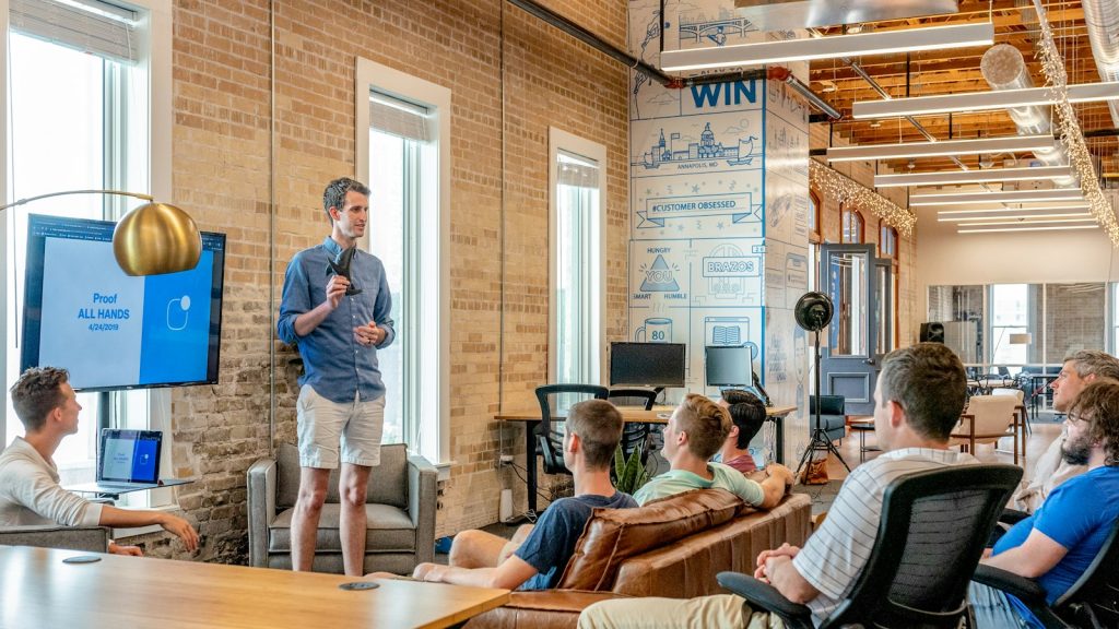 Marketing team reviewing a growth strategy
